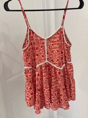Red Floral Lace-Trim Spaghetti Strap Dress